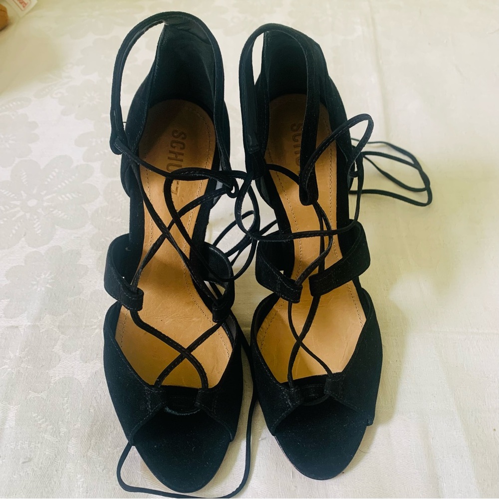 NWOB Schutz Cove Suede Lace Up Heeled Sandals Black 7.5 - Picture 4 of 8